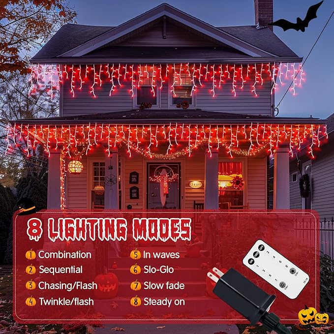 JMEXSUSS 400 LED Red Icicle Lights for Halloween Decor, Connectable Red Halloween Lights Indoor Outdoor with Remote, Christmas Light for Room Fireplace Christmas Decorations