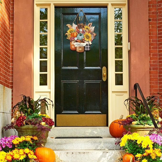 Boao Welcome Fall Door Decorations Thanksgiving Sign Hanging Decoration Wall Hanger Masquerade Carnival Wreath for Outdoor Farmhouse Porch Front Door Decor