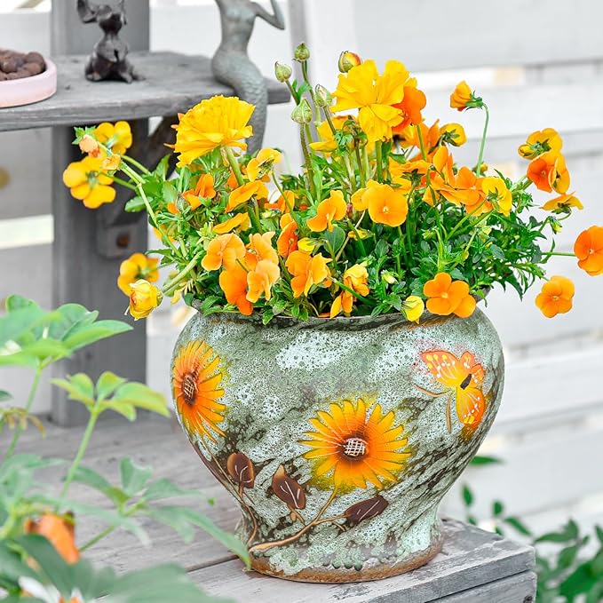 Sungmor Ceramic Hand Painted Succulent Flower Pots, 9 Inch Large Pottery Pots for Indoor Outdoor Plants, Decorative Ceramic Vase for Flower Arrangement Home Decor, Vintage Centerpieces Flowerpot