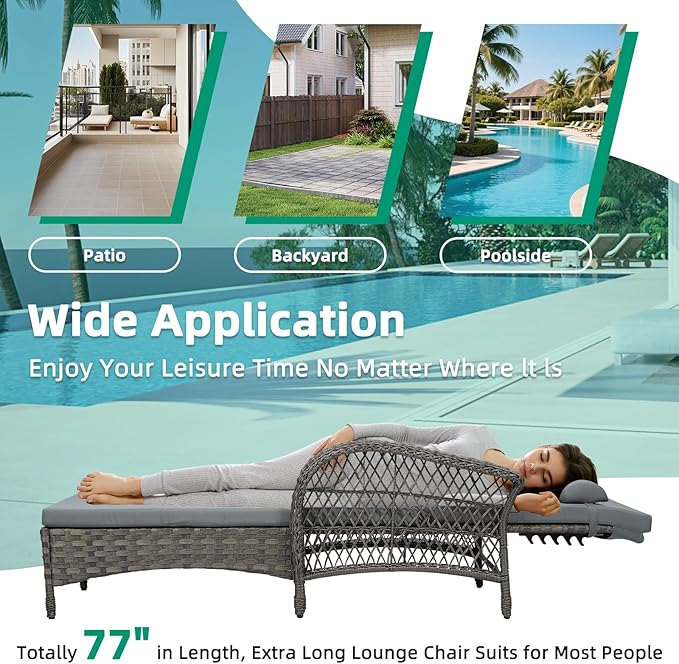 VIVIJASON Outdoor Wicker Chaise Lounge Chair, All-Weather PE Rattan Cushioned Patio Lounger Set with Side Table, 6-Position Adjustable Outside Pool Sunbathing Recliner with Armrest & Pillow, Gray