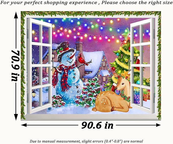QGHOT Christmas Window Tapestry Wall Hanging, Christmas Backdrop Winter Window Wall Decor Xmas Snowman Deer Tapestries for Bedroom Living Room Dorm Holiday Party Decoration, Extra Large