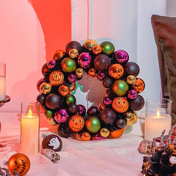 JORNOY 13inch Small Halloween Ball Wreath with Ghost&Pumpkin Accents - Seasonal Orange/Black Wall Hanging, Front Door, Mantel, Porch Decor for Home