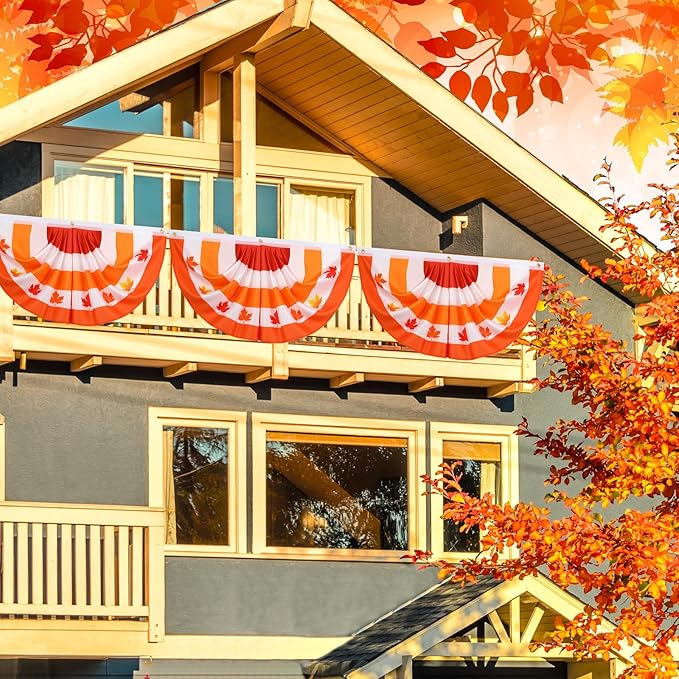 3 Pcs Fall Bunting Outdoor Flag for Outside 3 x 1.5 ft Fall Banner Leaf Pattern Hanging Pleated Bunting Fan Flag Autumn Thanksgiving Outdoor Decorations for Holiday Party