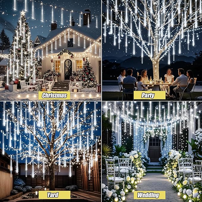 Christmas Lights Outdoor, Meteor Shower Lights 8 Tubes 192LED UL Certified Snow Falling Rain Cascading Icicle Light for Xmas Tree Christmas Decorations Outdoor Wedding Party Window, White