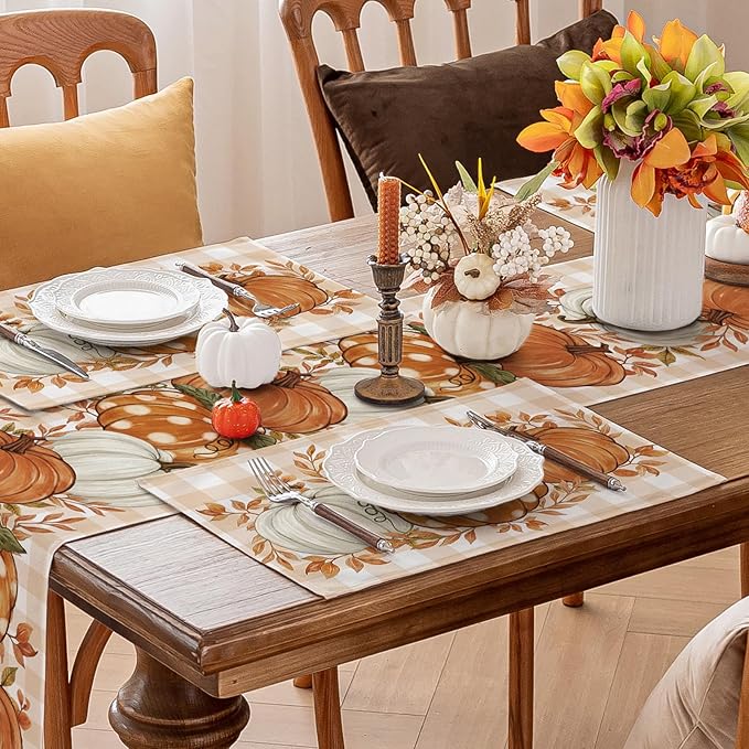 Romanstile Fall Placemats Set of 8-12 X 18 Inch - Thanksgiving Autumn Harvest Pumpkin Buffalo Plaid Place Mats, Stain Resistant Wipeable Table Mats for Party/Dining/Holiday- Orange Checkered