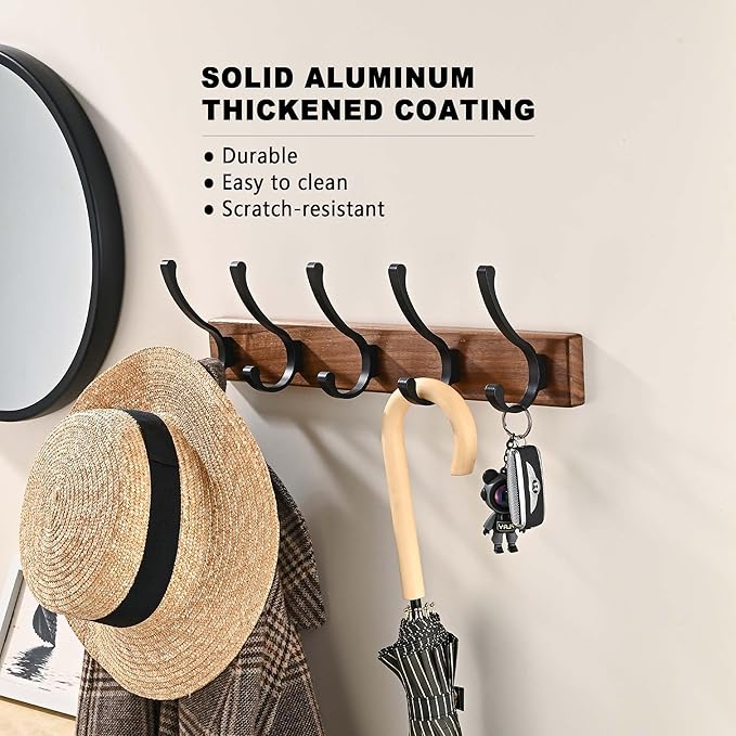 2 Pack 17.3" Small Wooden Coat Rack Wall Mounted with 5 Hooks, Entryway Wall Hooks Coat Hanger for Hanging Towel Clothes Hat Backpack Shoe Purse Key Holder Multi Hook Rail by Black Walnut Wood