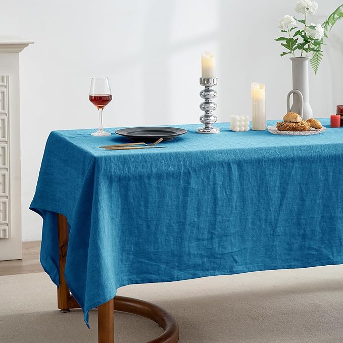 EVERLY 100% Pure Linen Rectangle Tablecloths 60x108Inches for Dining,Buffet Parties,Picnic,Events,Weddings and Restaurants,Decorative Halloween,Thanksgiving Machine Washable Tablecloths-Blue