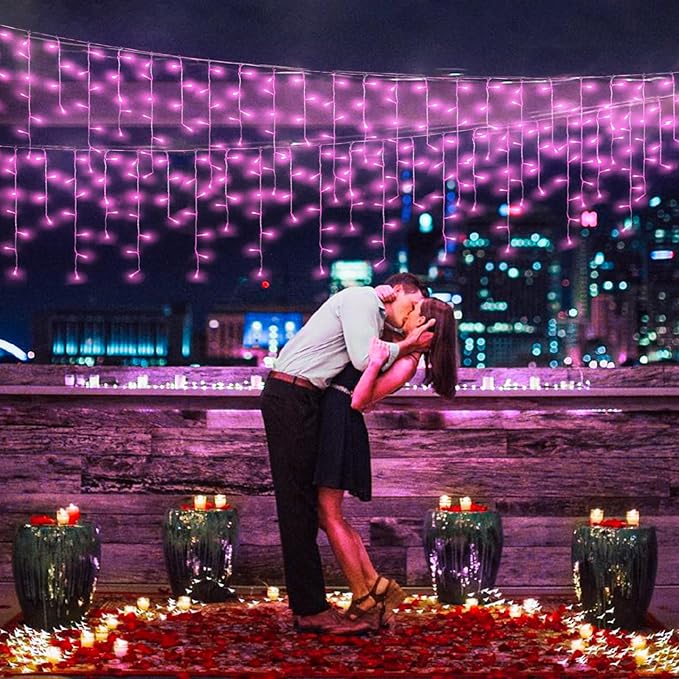 Pink Christmas Lights Outdoor, 33ft 400 LED Icicle Lights for Outside Clear Wire Connectable Twinkle Light with 8 Modes Timer Plug in Waterproof for Window Party Wedding Holiday Patio Tree Decorations