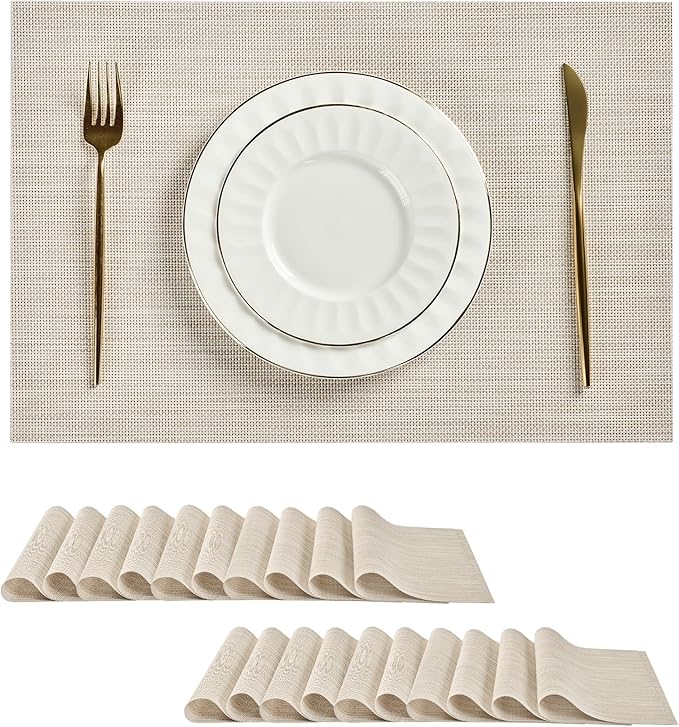 Leetaltree Beige White Placemats Set of 20 - Heat Resistant Non-Slip Place mats for Dining Table, Washable Durable PVC Vinyl Woven Table Mats（Beige White, 20）
