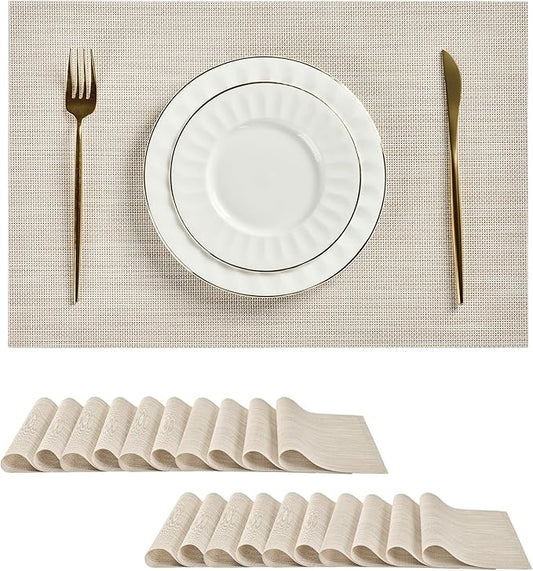 Leetaltree Beige White Placemats Set of 20 - Heat Resistant Non-Slip Place mats for Dining Table, Washable Durable PVC Vinyl Woven Table Mats（Beige White, 20）