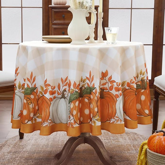 Romanstile Fall Round Tablecloth, Thanksgiving Autumn Harvest Pumpkin Buffalo Plaid Table Cloth, Stain Resistant Washable Table Cover for Party/Dining/Holiday- Orange Checkered, 70 Inch