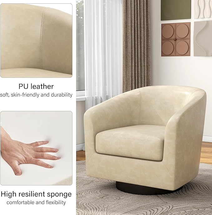 Swivel Barrel Accent Chair, Modern Round Faux Leather Arm Chair for Living Room, Bedroom, Comfy Club Reading Chairs for Adults, Faux Leather, Cream, Set of 1