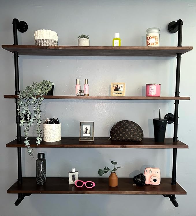 Industrial Pipe Wall Shelves With Real Wood Plank, 48 Inches Floating Shelves for Wall, 4 Tier Farmhouse Book Shelves, Dark Brown for Kitchen, Living Room Decor and Bar