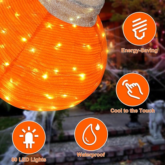 BRIGHTDECK Outdoor Halloween Ornaments, Lighted Pop-Up Outdoor Holiday Ball Decoration with 80 LED Lights, 8 Light Modes, Lighted Collapsible Holiday Decorations for Yard, Home(Orange)