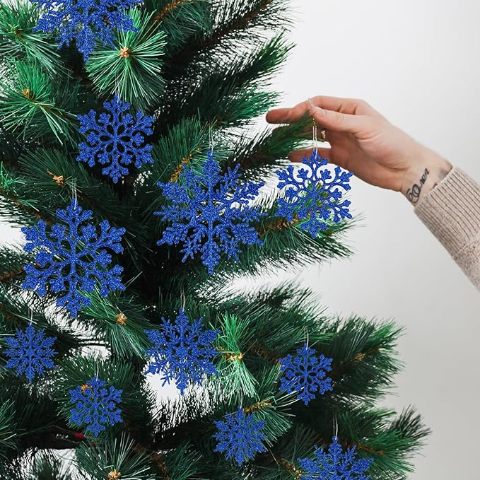 36pcs Christmas Navy Blue Snowflake Ornaments Plastic Glitter Snow Flakes Ornaments for Winter Christmas Tree Decorations Size Varies Craft Snowflakes
