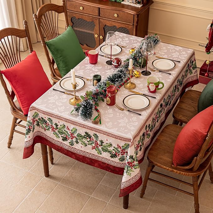Softalker Christmas Jacquard Rectangle Tablecloth, Winter Vintage Holly Waterproof Table Cloth, Xmas Farmhouse Fabric Table Cover for Holiday, Dining, Party Decor, DHHolly 60 x 84 Inch