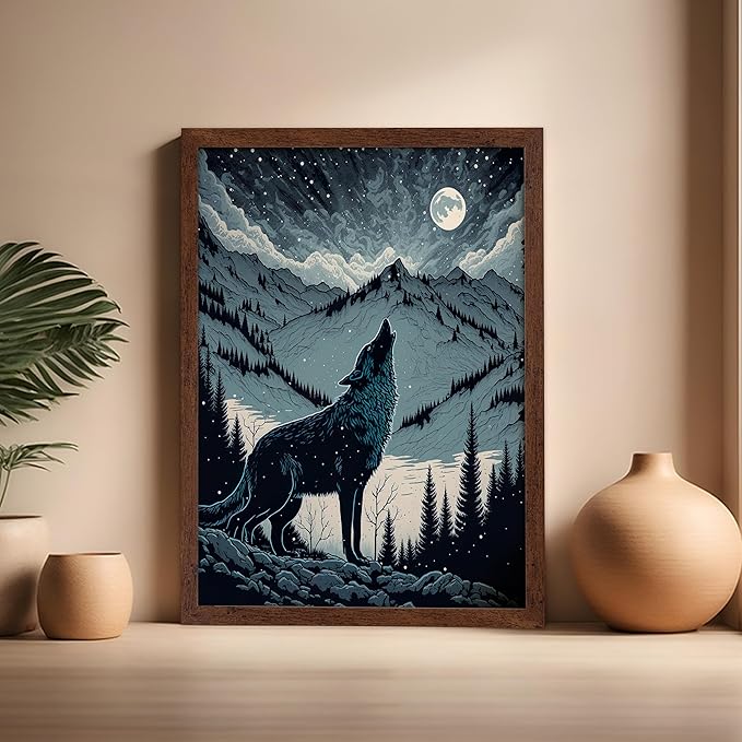Poster Master Vintage Illustration Poster - Retro Animal Print - Gift for Artist, Friend - Wolf Howling at the Moon, Mountain, Snow, Landscape - Wall Decor for Home, Office, 16x20 Brown Framed