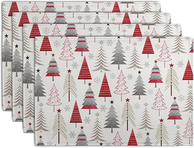 Christmas Tree Placemats Set of 4 Geometric Colorful Xmas Place Mats 12x18 Inch Seasonal Winter Holiday Farmhouse Washable Linen Table Mat for Party Kitchen Dining Decoration