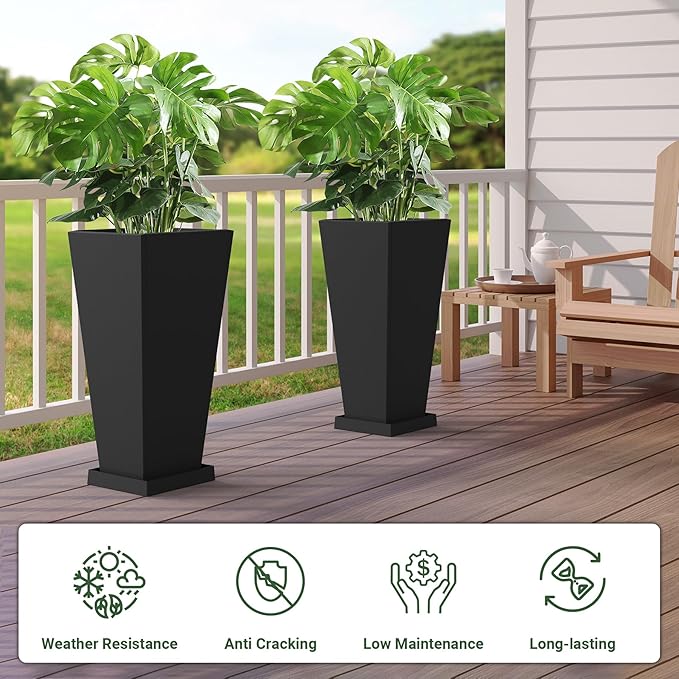 Tall Metal Planter 26" H - 2 Pack, Tall Planters with Removable Insert Shelve & Saucer Trays, Metal Outdoor Planters for Porch, Garden, Patio, Yard(Black)
