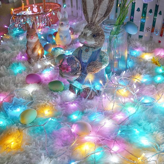 Easter Lights Battery Operated Fairy Lights, 2 Pack 33FT 100LED Multicolor easter String Lights, 8 Modes Waterproof Pastel Light Indoor Outdoor, Twinkle Lights for Room Garden Party Easter Decorations