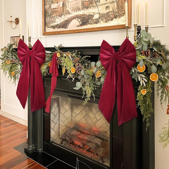 Christmas Decorations - Christmas Bows - 2 Pack 36x18 Inches Large Red Velvet Christmas Tree Topper - Burgundy Ribbon Gift Bows - Xmas Decor for Indoor Outdoor Home Wreaths Mantle Front Door Wedding