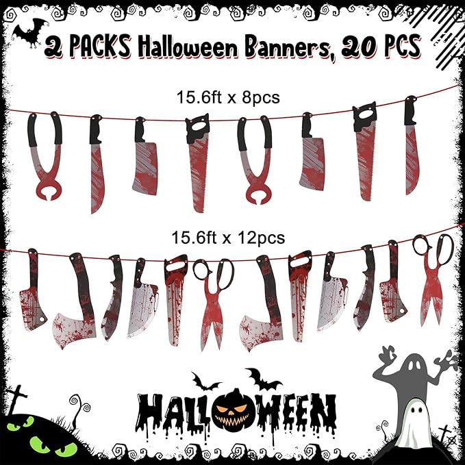 Halloween Decorations, 5 Sheets Wall Decals-Bloody Handprint Stickers, 2 Pack Halloween Banners and 2 PCS Caution Tape Rolls 3inx30ft for Indoor, Outdoor, Party Decor, Haunted Mansion
