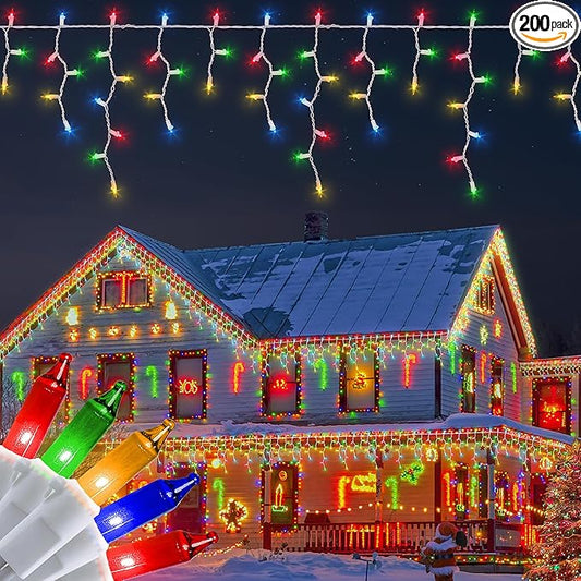 Icicle Christmas Lights Outdoor,23FT 200 Count Multicolor Icicle Lights Indoor with White Wire,Waterproof Connectable Icicle String Light for Holiday Home Garden Window Party Wedding Decor