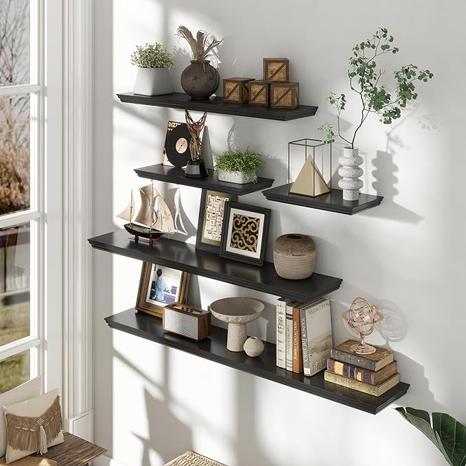 Floating Shelves for Wall, 55 Inch Long Wall Mounted Black Hanging Shelf for Kitchen, Living Room, Office, Bedroom, Bathroom, Retro Vintage Wood Bookshelf for House Decor