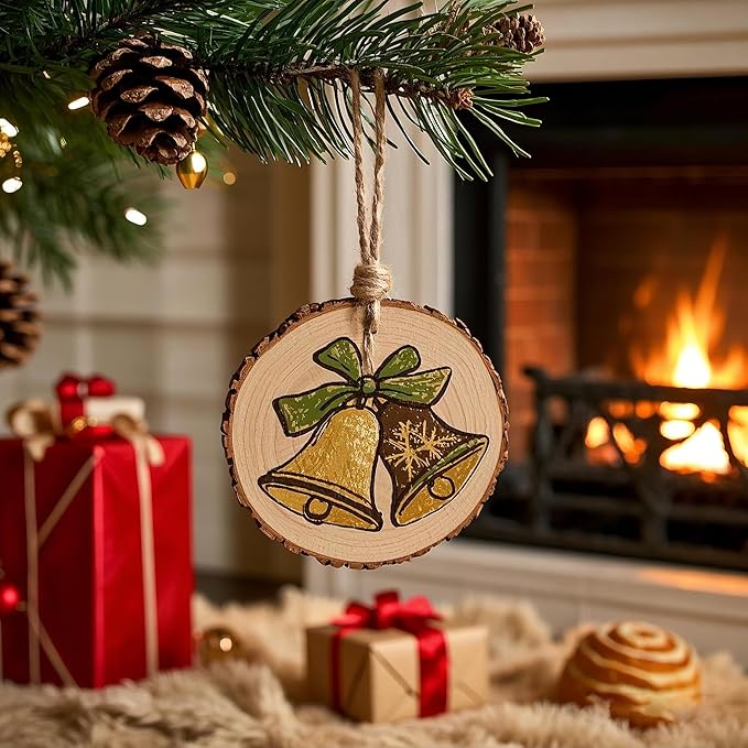 20PCS Pre-Drilled Wood Slices with Holes, 3.2-4 Inch Natural Pine Discs & 8M Hemp Rope, Sanded Smooth DIY Crafts Kit for Christmas Ornaments, Rustic Wedding Decor, Kids Art (30pcs)