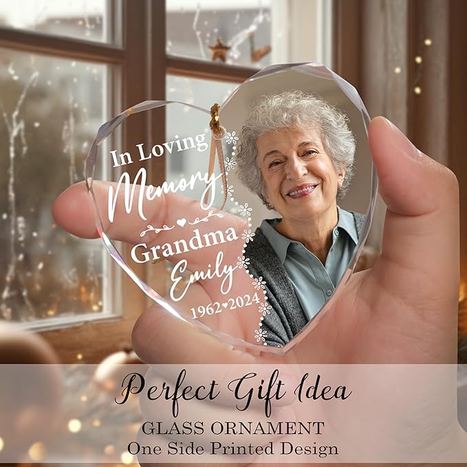 2025 Personalized Memorial Glass Ornament – Christmas-Birthday-Anniversary Keepsake for Loss of Loved One – Custom Photo Name Year – in Loving Memory Heart Clear Decoration