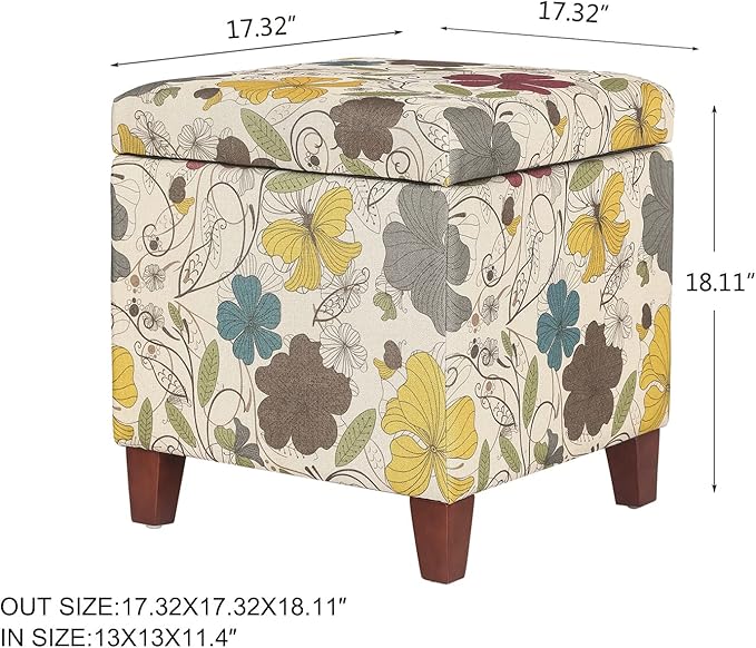 Adeco 18 Inch High Cube Ottoman Storage, Floral Printed Linen Chair Foot Stools, Upholstered Vanity Stool with Hinged Lid, Solid Wood Legs