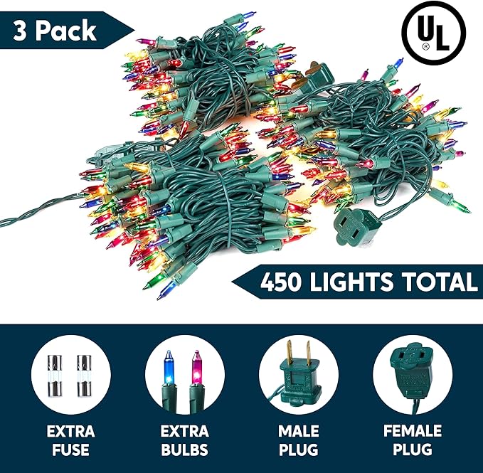 Joiedomi Multicolor Christmas String Lights,450(3x150) 93.6FT Christmas Fairy Tree Lights Plug in for Indoor Outdoor Xmas Decorations Patio Holiday Theme Party Yard House,Green Wire