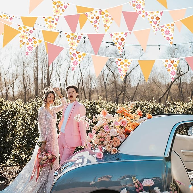 32Ft Groovy Party Decorations Dusty Pink Yellow Pennant Banner Fabric Triangle Flag Bunting Garland Streamers for Daisy Groovy Boho Retro Hippie Wedding Birthday Baby Shower Spring Party Supplies
