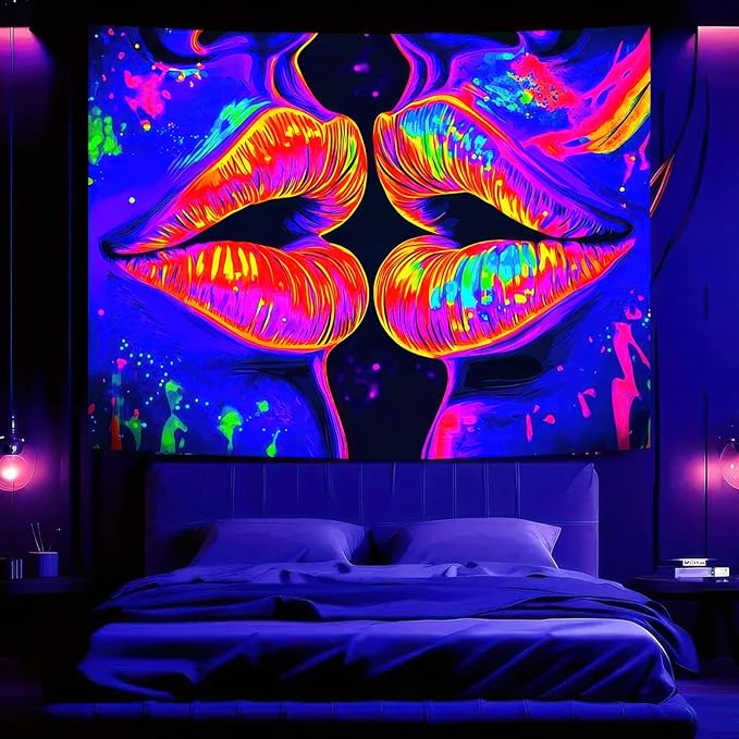 BlissYard Blacklight Tapestry Lip Tapestry Glowing 78x59 Inch UV Reactive Large Neon Decoration Posters Wall Hanging for Home Living Room Bedroom Party Decor Photo Shoot Props