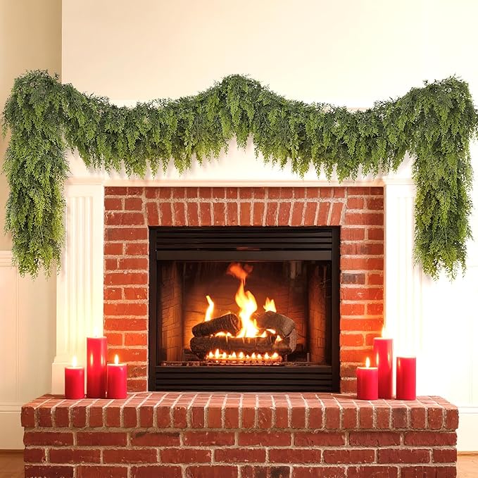 6FT Real Touch Cedar Garland for Fireplace - Artificial Christmas Garlands Realistic Faux Greenery Fake Pine Needles Garland for Holiday,Table, Window,Mantel,Stairs, Home,Indoor Outdoor Decor (2PCS)