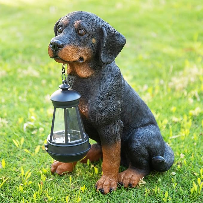 Garden Dog Statues Outdoor Decor, 13" Solar Powered LED Lights Outdoor Statue Garden Decorations Rottweiler Figurine for Patio, Lawn, Yard Art Decoration, Housewarming Garden Gift