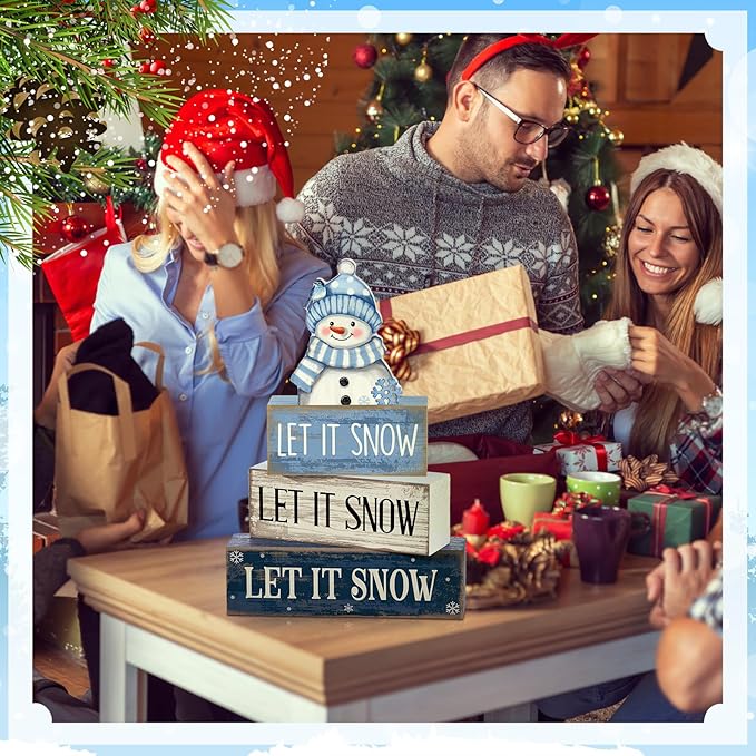 4 Pcs Christmas Wooden Tabletop Decor Snowman Blue Tiered Tray Decor Christmas Plaid Block Signs Centerpiece Farmhouse Winter Let It Snow Table Decoration for Home Kitchen Shelf