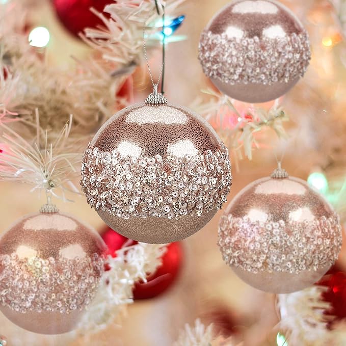 4" Christmas Ball Ornaments, 4pc Set Rose Gold Shatterproof Christmas Decorations Tree Balls for Xmas Trees Wedding Party Holiday Decorations