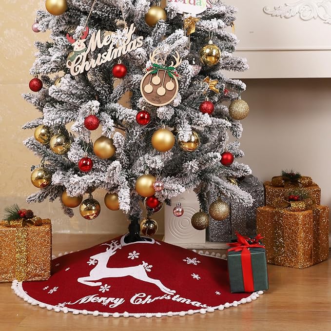 48 Inch Christmas Tree Skirt, Burlap Red Christmas Rustic Tree Skirt with Elk Deer and White Snowflake Printed for Holiday Party Xmas Tree Decoration
