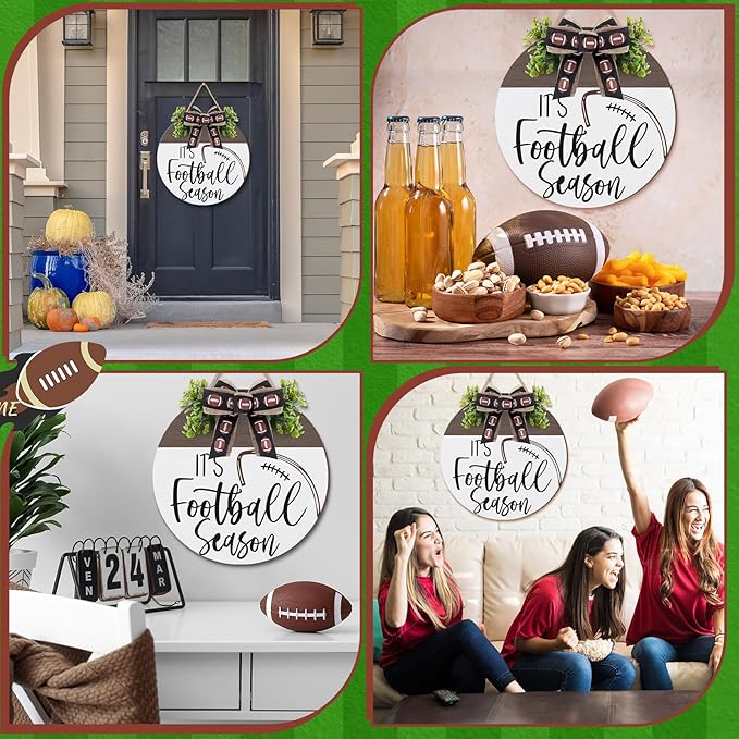 Hello Fall Football Sign for Front Door Thanksgiving Wooden Hanging Sign Fall Welcome Wreaths with Bow Turkey Farmhouse Wall Decoration for Home Autumn Harvest Front Porch Decor(Season)