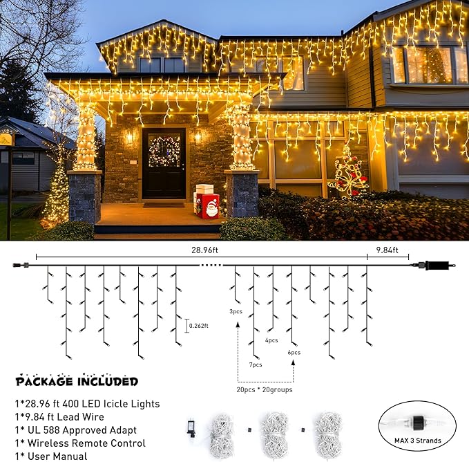 JMEXSUSS 38.8FT Icicle Lights for Outside, 400 LED Icicle Christmas Light Outdoor Indoor Plug in, Warm White String Lights for Christmas House Patio Party Fireplace Holiday Decorations