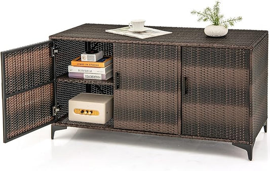 RELAX4LIFE 84-Gallon Outdoor Storage Box - Wicker Rattan 3-Door Patio Storage Cabinet Container w/Removable Shelves for Cushions, Garden Tools, Pool & Sports Equipment, Indoor Outdoor Deck Box (Brown)