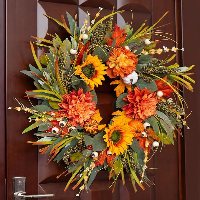 Fall Wreaths for Front Door 24 Inch Fall Wreath with Pumpkins, Sunflowers & Berries – Outdoor Autumn Wreath for Porch, Thanksgiving, Halloween & Harvest Decor