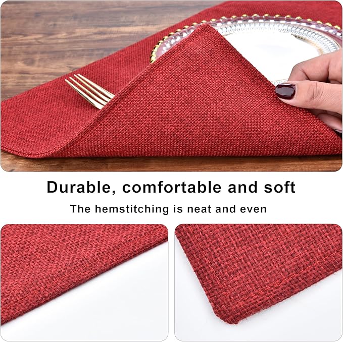 Red Christmas Placemats Set of 4 - Festive Easy to Clean Linen-Style Fabric Table Mats - Machine Washable & Heat Resistant Non-Slip Design for Thanksgiving and Holiday Dining (4, Wine Red)