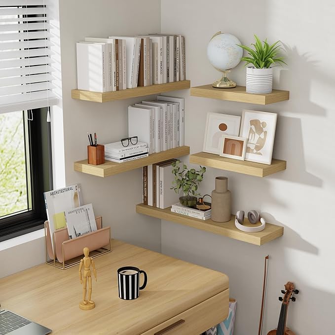 16 Inch Floating Shelves, 8 Inch Deep Floating Shelves for Wall, Hanging Shelf with Invisible Brackets, Deep Shelves for Bathroom, Bedroom, Living Room, Oak, Set of 2