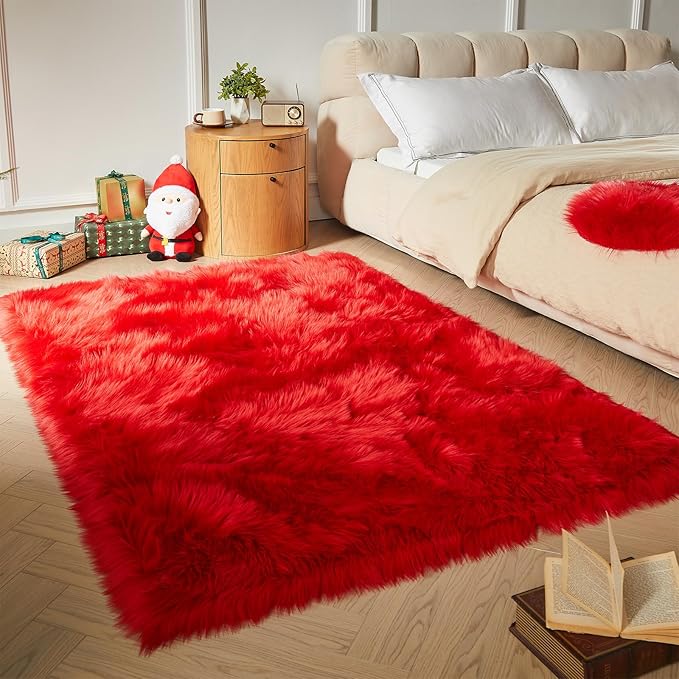 AMTOVO Faux Fur Sheepskin Rug for Living Room, 4 x 6 ft Red Fluffy Area Rug for Bedroom, Playroom, Luxury Room Decor, Rectangle