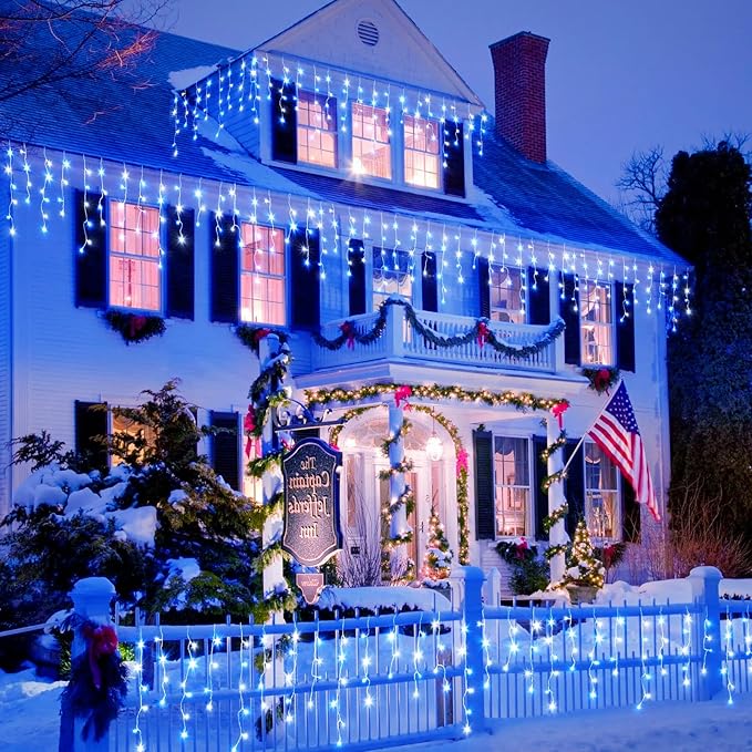 Icicle Christmas Lights Outdoor, 33ft 400 LED Blue and White Christmas Lights 8 Modes with 75 Drops, Waterproof Icicle Light Plug in for Indoor Outside Party Holiday Xmas Halloween Decorations