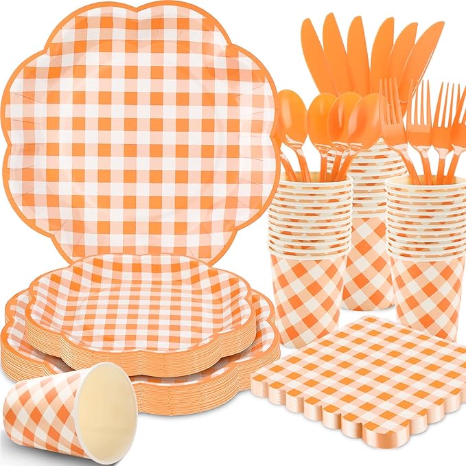 175 Pcs Orange and White Gingham Party Supplies - Orange Gingham Paper Plates and Napkins Sets Serve 25 - Scalloped Checkered Plates for Birthday Picnic Fall Halloween Thanksgivng Party Decorations