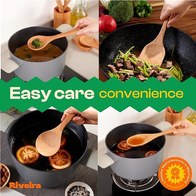 Riveira Cherry Wooden Spoons for Cooking Set of 6 – Natural Cherry Wood Cooking Utensils, Wooden Spatula, Wooden Spoon - Premium Quality Wooden Utensil Set for Non-Toxic Cooking