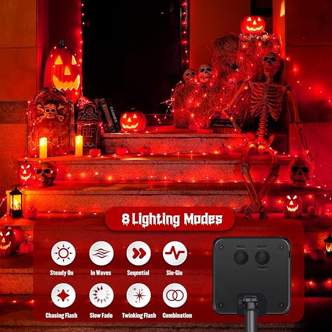 JMEXSUSS 2 Pack Red Solar Lights Outdoor Waterproof, Each 33FT 100 LED Red Halloween Lights, Solar Fairy String Light for Outside Tree Party Patio Christmas Halloween Decorations
